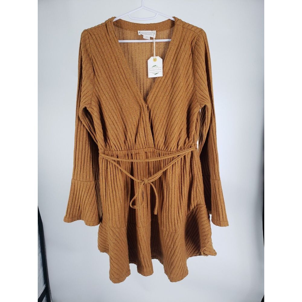 Loveriche Dress Size Medium Mustard Yellow Bell Sleeve V-Neck‎ Wrap Tie Waist